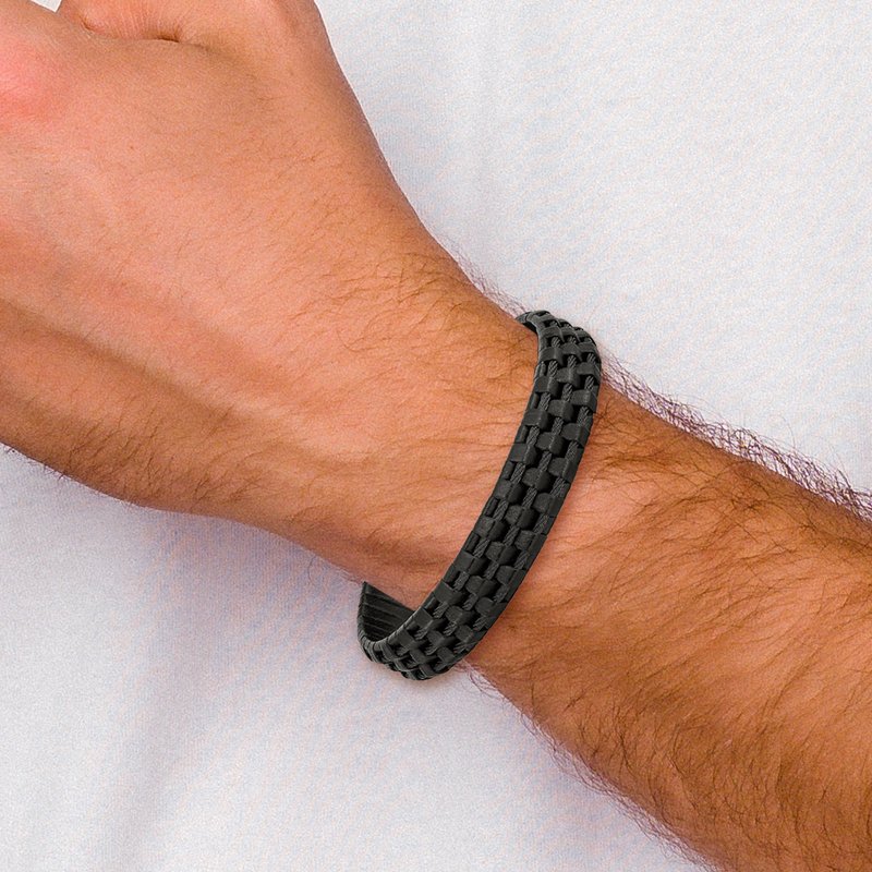 Stainless Steel Brushed and Polished Black IP-plated Wire Cable and Black Leather 8.25 inch Bracelet