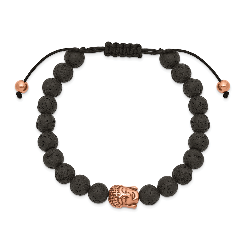 Stainless Steel Antiqued and Polished Rose IP-plated Buddha Lava Stone Black Macrame Adjustable Bracelet