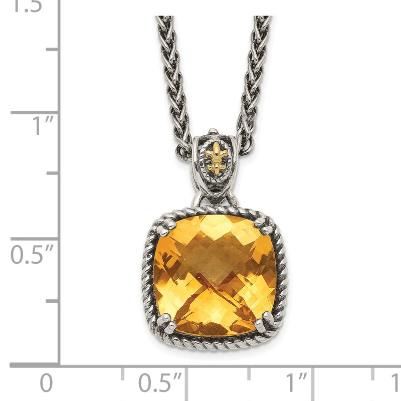 Sterling Silver with 14K Accent 18 Inch Antiqued Checkerboard Cushion Citrine Necklace