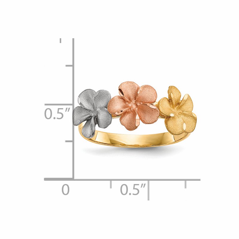 14k Two-tone w/White Rhodium Satin D/C 3-Plumerias Ring