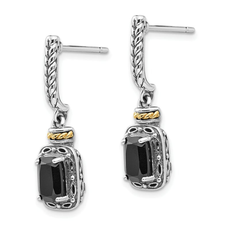 Sterling Silver with 14K Accent Antiqued Black Onyx Post Dangle Earrings