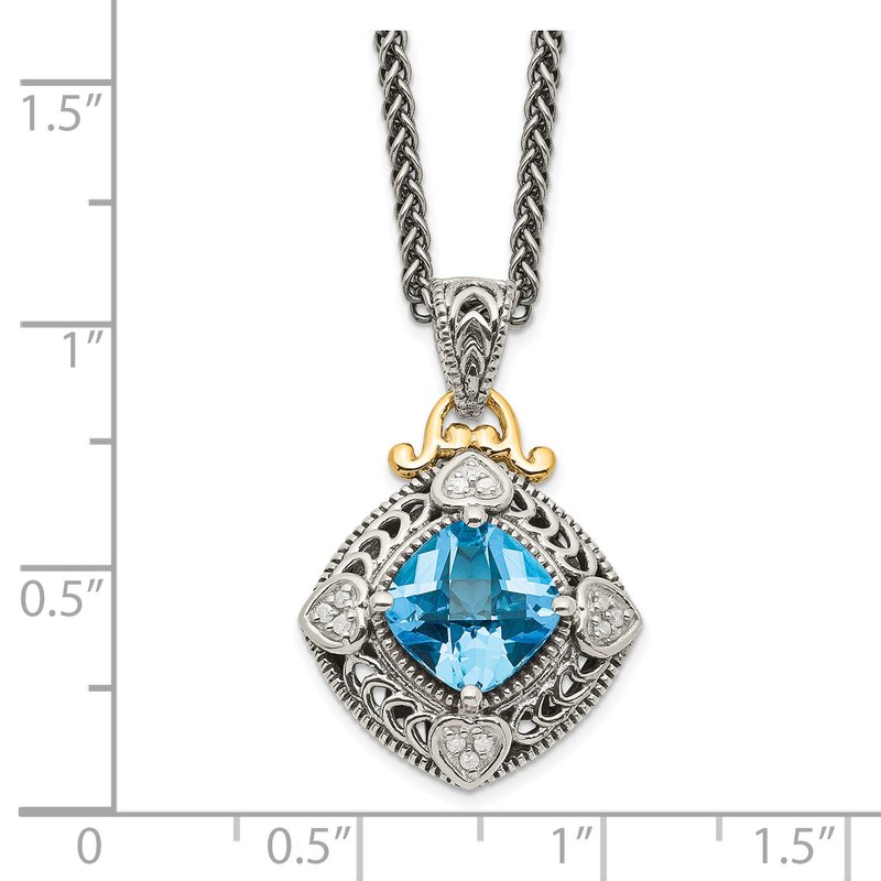 Sterling Silver with 14K Accent 18 Inch Antiqued Diamond and Cushion Blue Topaz Necklace
