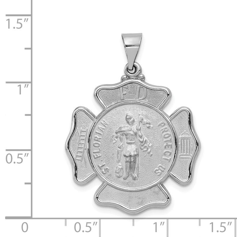 14k White Gold Polished and Satin Hollow St Florian Badge F.D. Medal Pendant