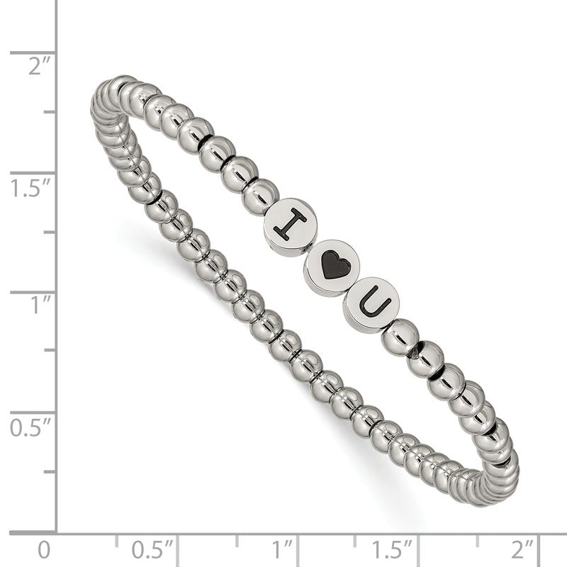 Stainless Steel Antiqued and Polished I HEART U 4mm Beaded Stretch Bracelet