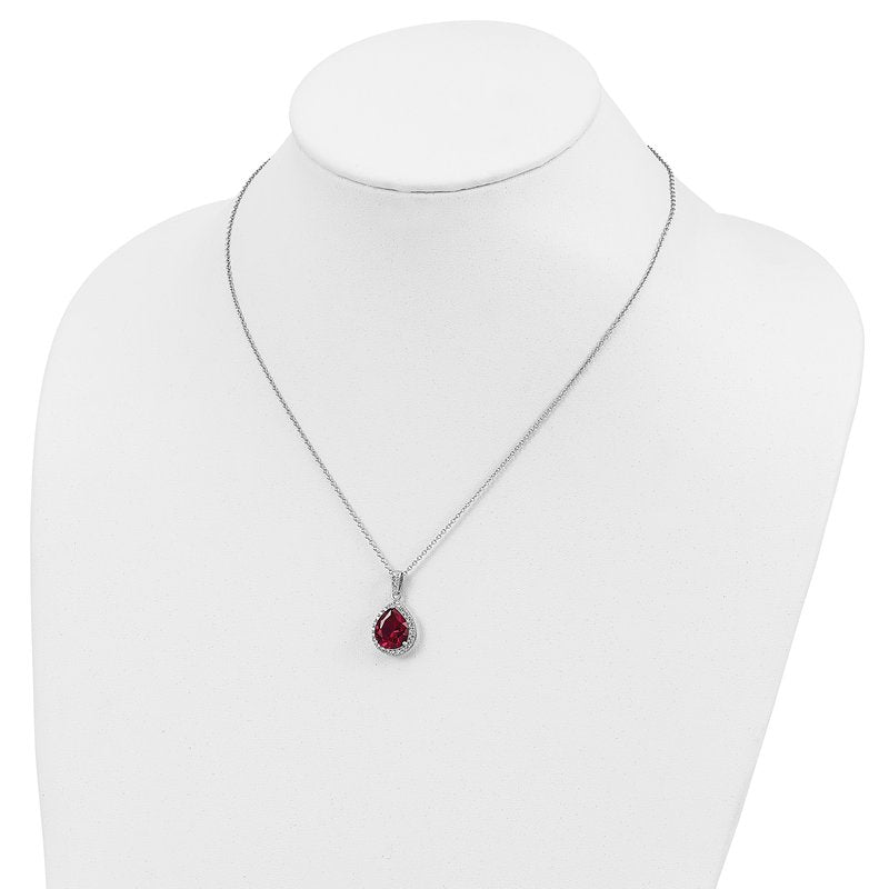 Sterling Silver Rhodium-plated Brilliant-cut Lab Created Ruby and Brilliant-cut White CZ Teardrop Halo 18 Inch Necklace
