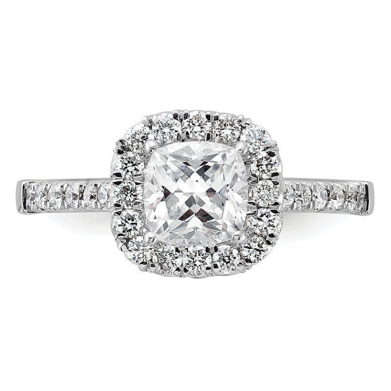 14K White Gold 3/8 carat Lab Grown Diamond VS+ F+ Semi-Mount Cushion Halo Engagement Ring