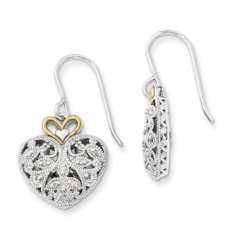 Sterling Silver Rhodium-plated with 14K Accent Diamond Shepherd Hook Dangle Vintage Heart Earrings