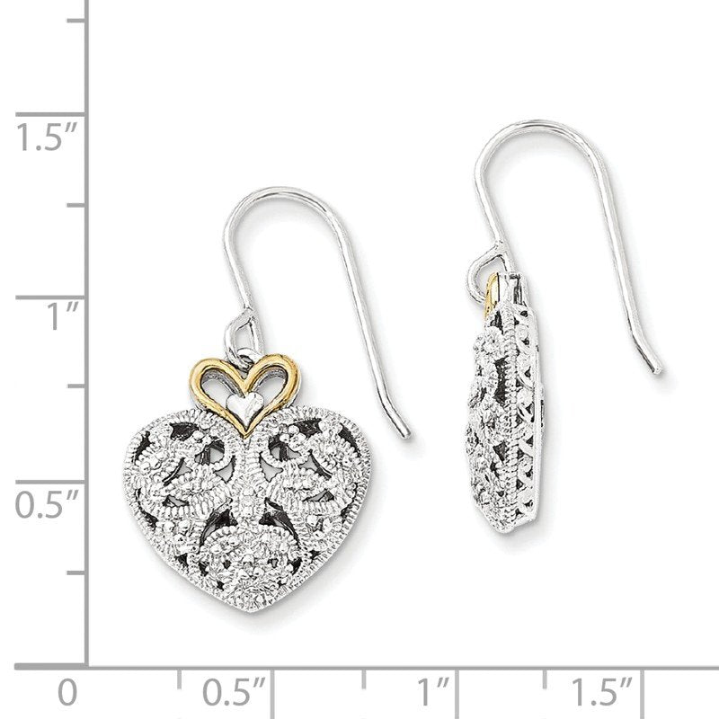 Sterling Silver Rhodium-plated with 14K Accent Diamond Shepherd Hook Dangle Vintage Heart Earrings