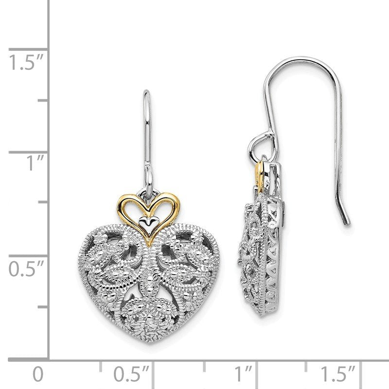 Sterling Silver Rhodium-plated with 14K Accent Diamond Shepherd Hook Dangle Vintage Heart Earrings