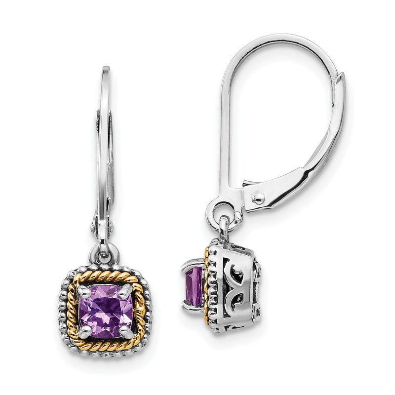 Sterling Silver with 14K Accent Antiqued Cushion Amethyst Leverback Dangle Earrings