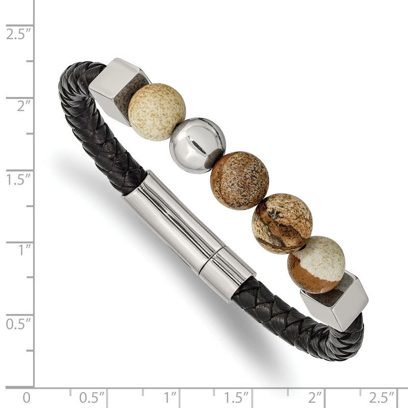 Stainless Steel Polished with Brown Jasper Beads Black Leather 8 inch Bracelet