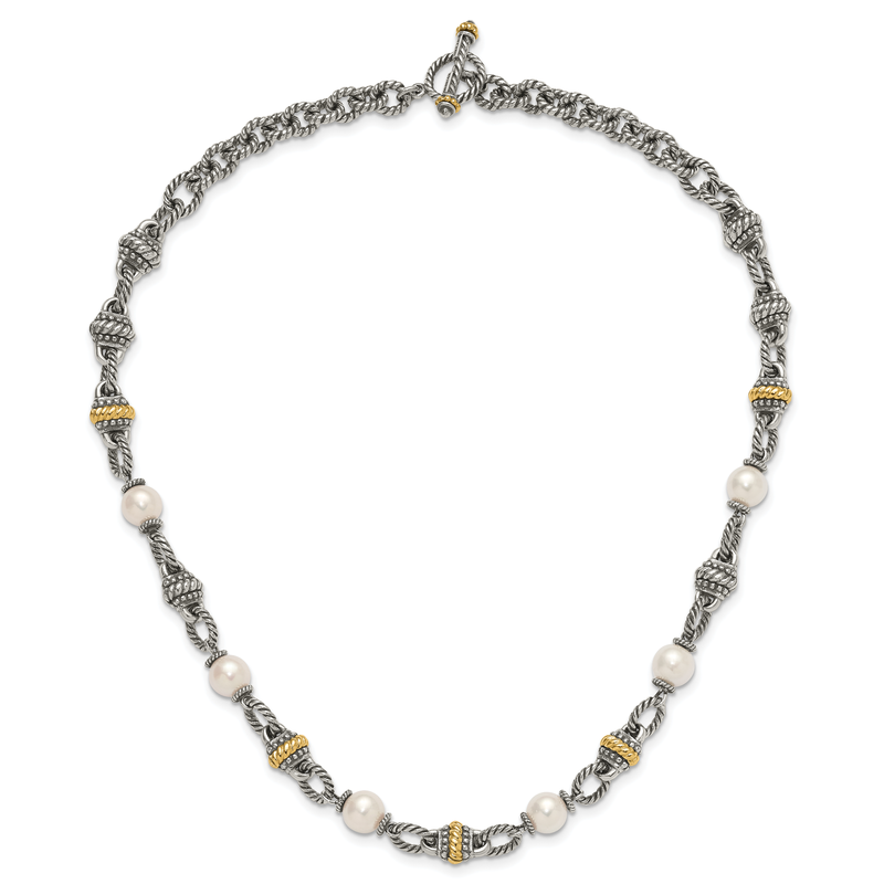 Sterling Silver with 14K Accent 18 Inch Antiqued 8mm Freshwater Cultured Pearl Necklace