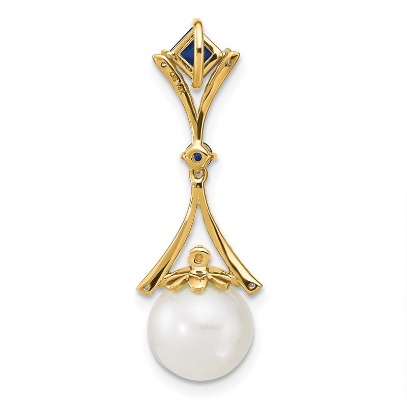 14k 8-9mm Round White Freshwater Cultured Pearl/Lab Created Sapphire/Diamond Chain Slide