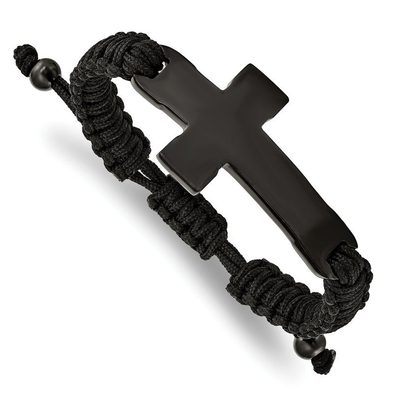 Stainless Steel Polished Black IP-plated Cross Black Nylon Adjustable Bracelet