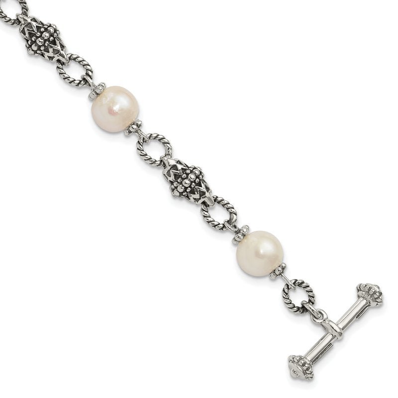 Sterling Silver 8 Inch Antiqued 8-8.5mm Freshwater Cultured Pearl Bracelet