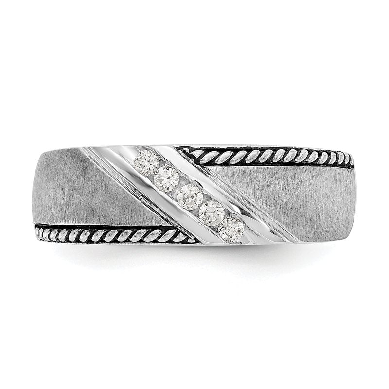 14K White Gold Men's 1/8 carat Lab Grown Diamond VS/SI  D E F  Brushed Polished Antiqued Band