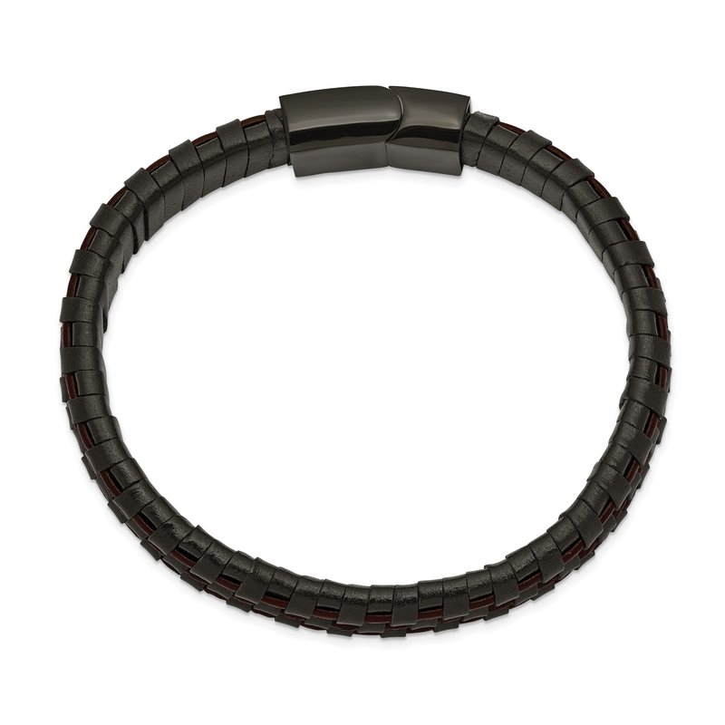 Stainless Steel Polished Black IP-plated Black and Brown Leather 8.25 inch Bracelet