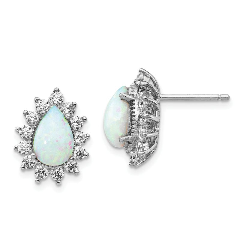 Sterling Silver Rhodium-plated Cabochon Lab Created Opal and Brilliant-cut CZ Teardrop Halo Post Earrings