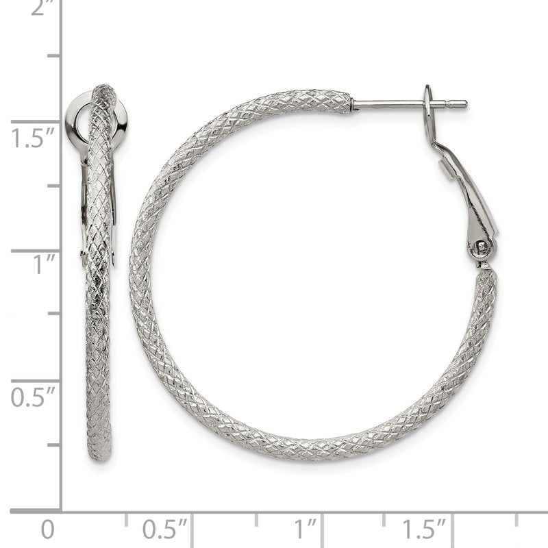Stainless Steel Polished and Textured 2mm Omega Back Hoop Earrings