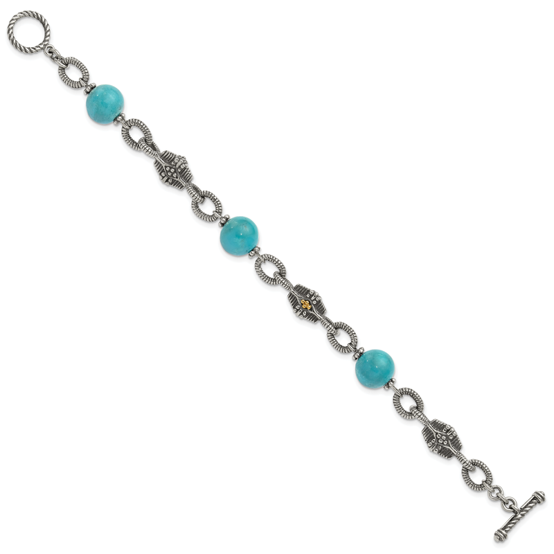 Sterling Silver with 14K Accent 7.25 Inch Antiqued Reconstructed Turquoise Bracelet