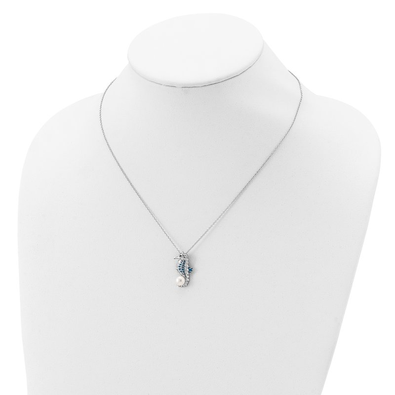 Sterling Silver Rhodium-plated Enameled Freshwater Cultured Pearl and Brilliant-cut CZ Seahorse 18 Inch Necklace