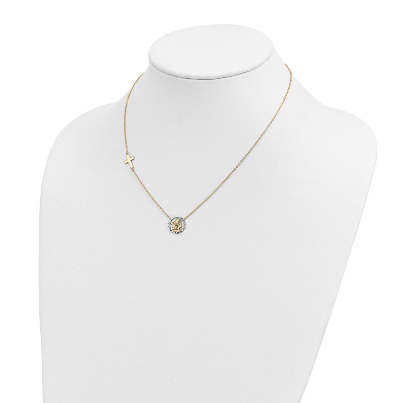 14k and White Rhodium Diamond-cut Angel and Cross 17 inch Necklace