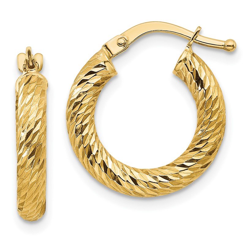 14k 3x16mm Diamond-cut Round Hoop Earrings