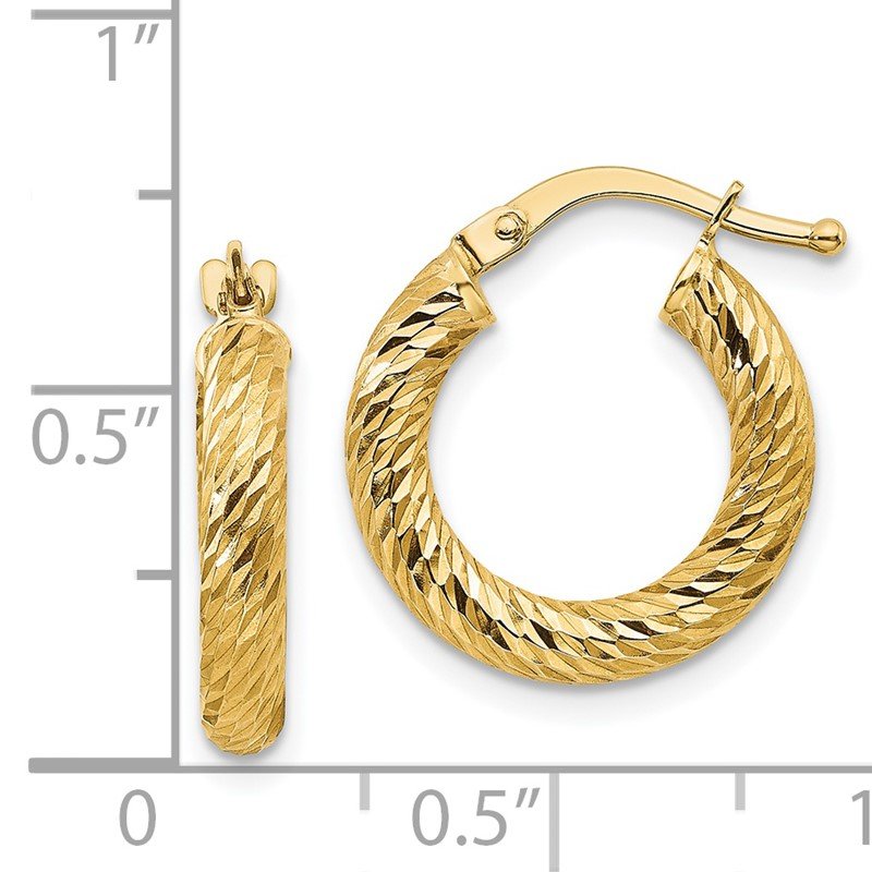 14k 3x16mm Diamond-cut Round Hoop Earrings