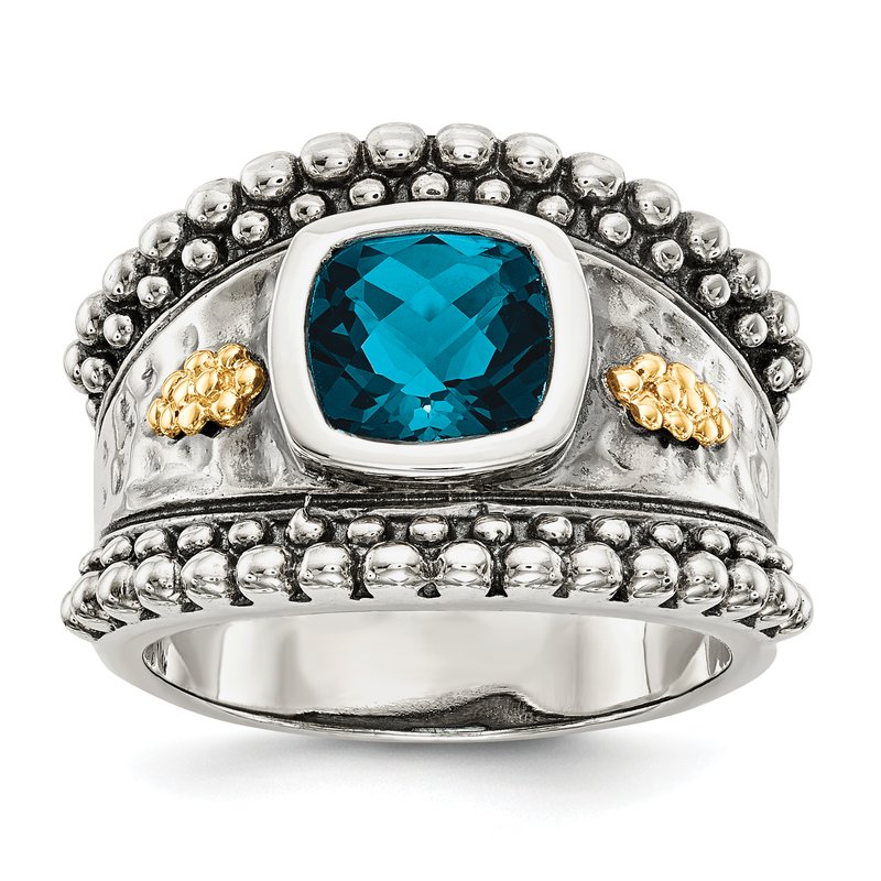 Sterling Silver with 14K Accent Antiqued Checkerboard Cushion London Blue Topaz Ring