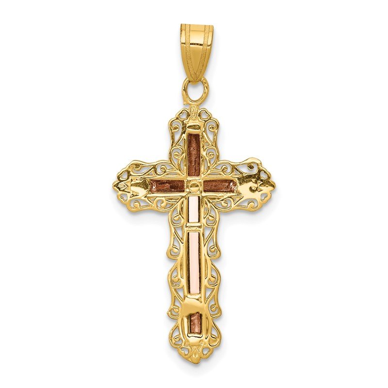 14K Tri-color Diamond-cut Filigree Crucifix Pendant