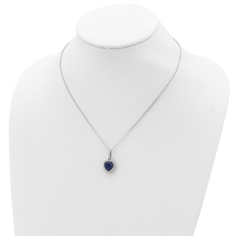 Sterling Silver Rhodium-plated 100 Facet Lab Created Dark Blue Spinel and Brilliant-cut White CZ Heart Halo 18 Inch Necklace