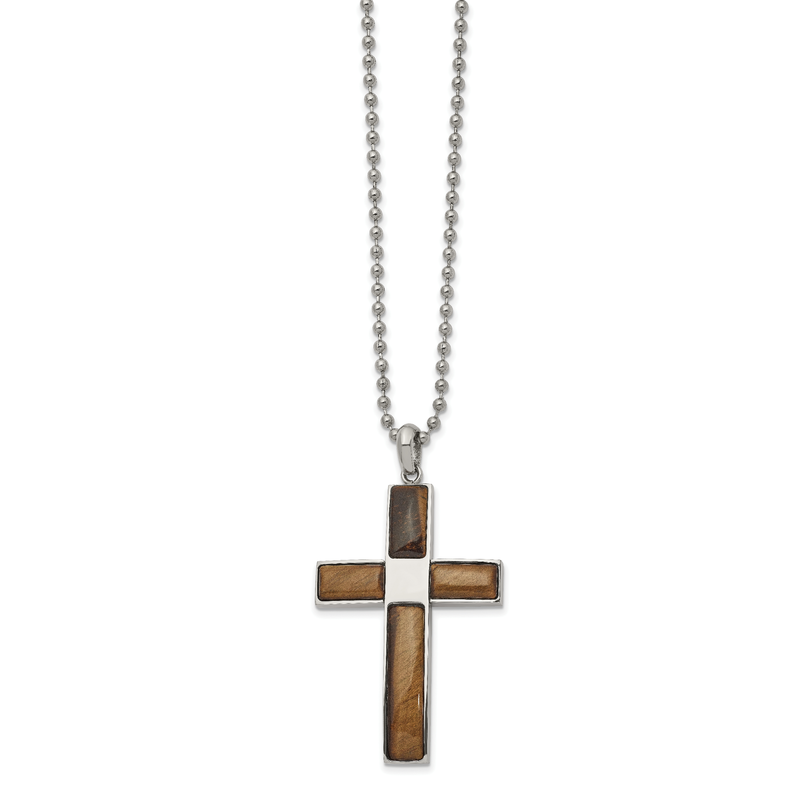 Stainless Steel Polished with Tiger's Eye Cross Pendant on a 22 inch Ball Chain Necklace
