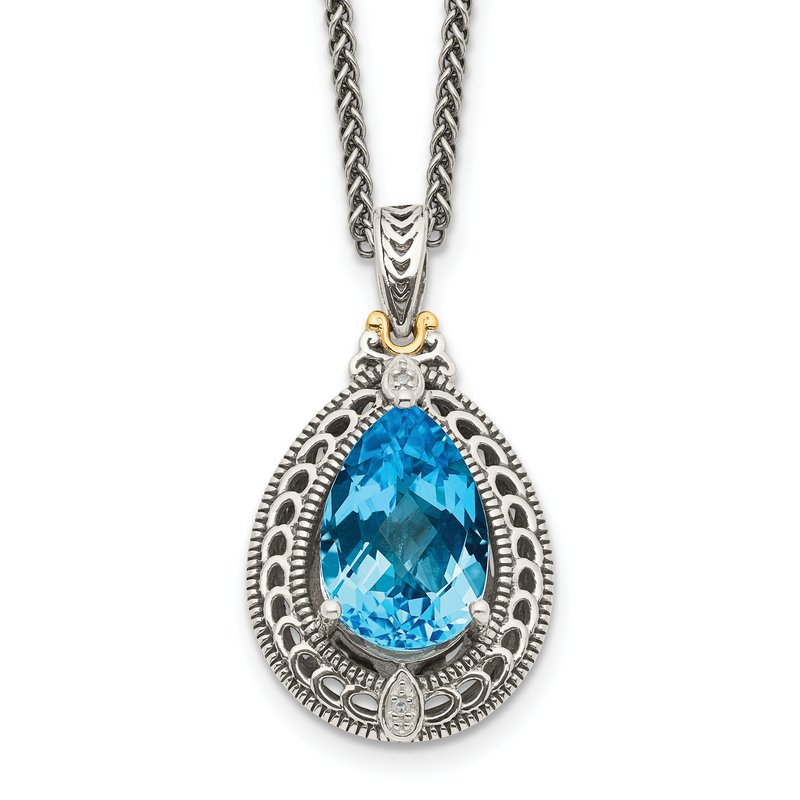 Sterling Silver with 14K Accent 18 Inch Antiqued Diamond and Pear Shaped Blue Topaz Necklace