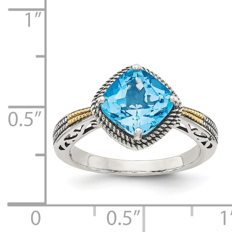Sterling Silver with 14K Accent Antiqued Cushion Blue Topaz Ring