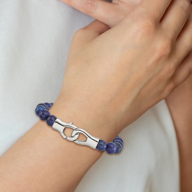 Stainless Steel Polished Genuine Lapis Beaded 9 inch Bracelet