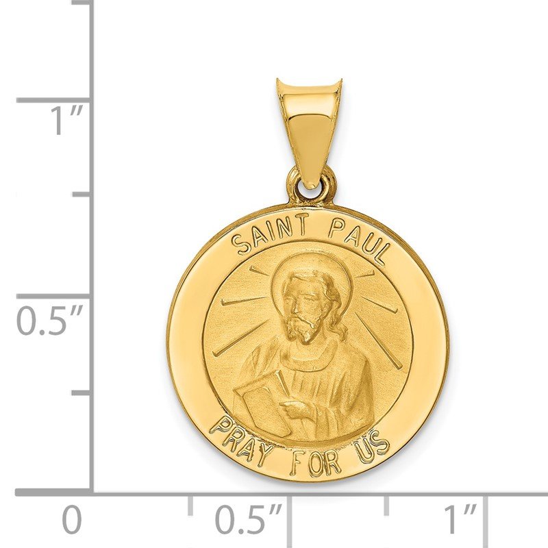 14k Polished and Satin Hollow St Paul Medal Round Pendant