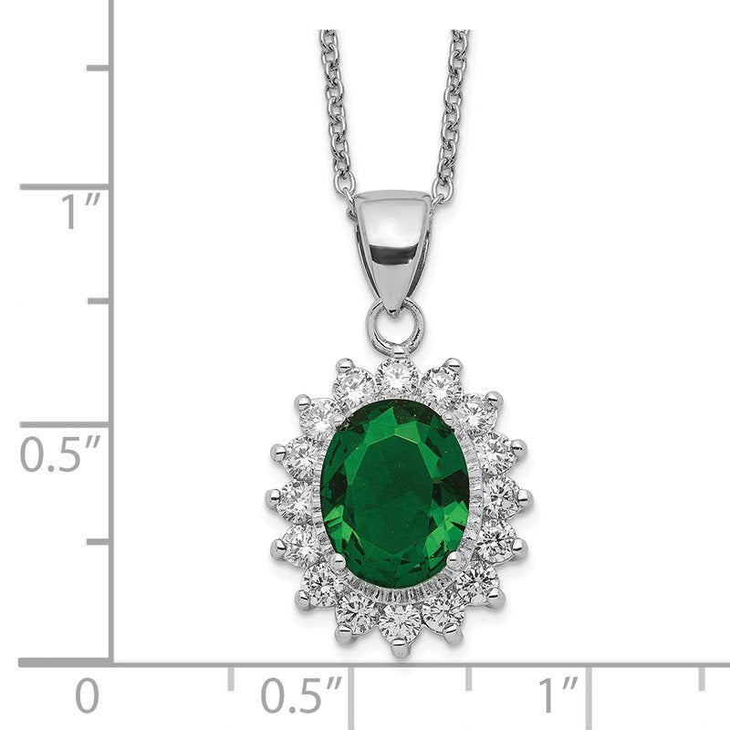Sterling Silver Rhodium-plated Brilliant-cut Green Glass and Brilliant-cut White CZ Oval 18.25 Inch Necklace
