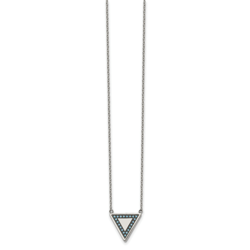 Stainless Steel Polished with Reconstructed Turquoise Triangle on a 17.75 inch Cable Chain with a 2 inch Extension Necklace