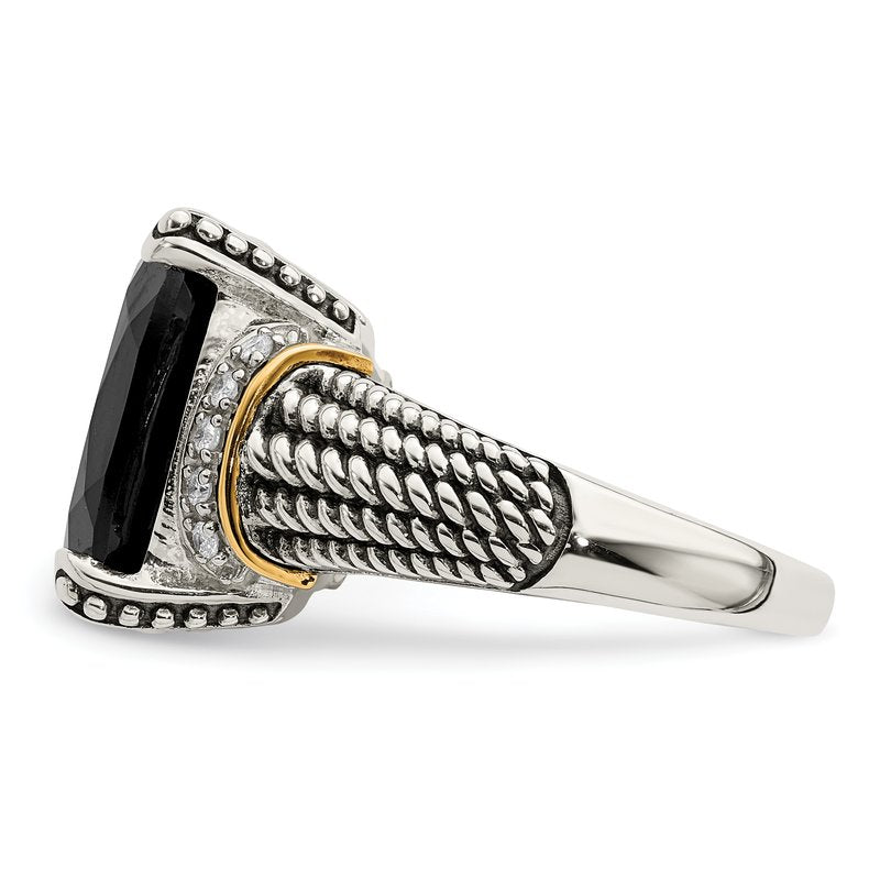 Sterling Silver with 14K Accent Antiqued Black Onyx and White Diamond Ring