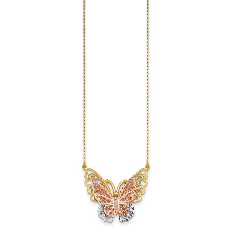 14k Yellow and Rose Gold with White Rhodium Large Filigree Butterfly 18 inch Necklace