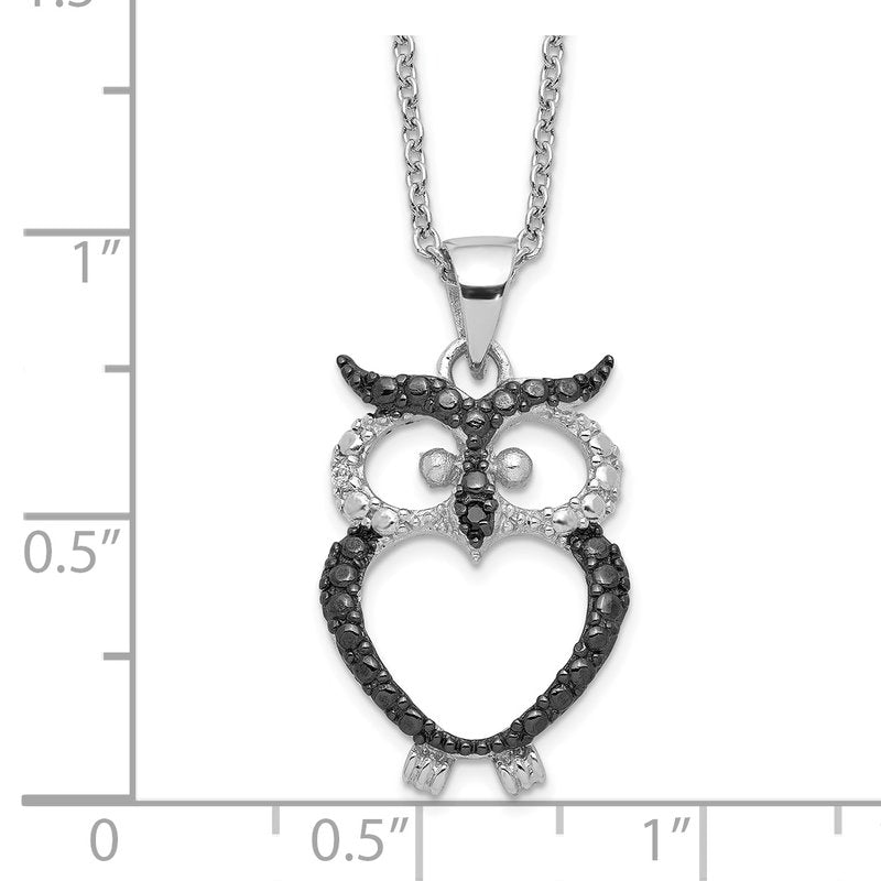 Sterling Silver Rhodium-plated and Black Rhodium Accent Brilliant-cut Black and White CZ Owl 18 Inch Necklace