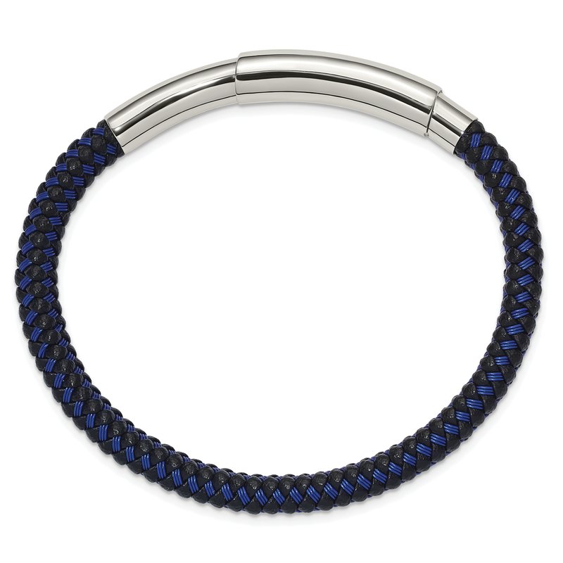 Stainless Steel Polished Blue Wire and Black Polyurethane Adjustable 7.75 to 8.25 inch Bracelet
