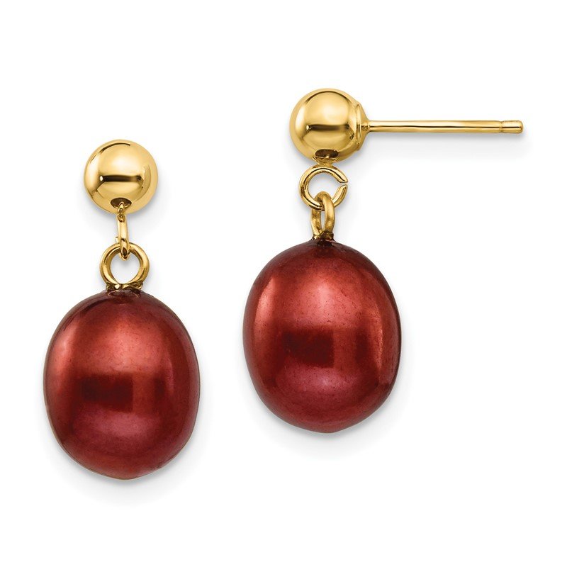14k 8-9mm Brown Rice Freshwater Cultured Pearl Dangle Post Earrings