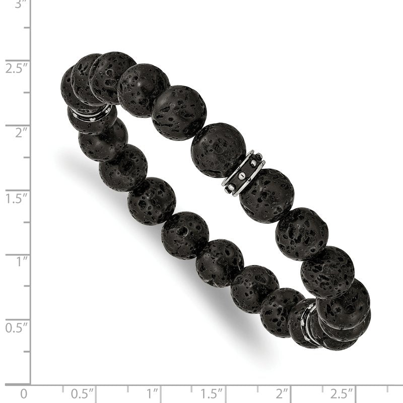 Stainless Steel Polished Black Enamel 10.5mm Lava Stone Beaded Stretch Bracelet