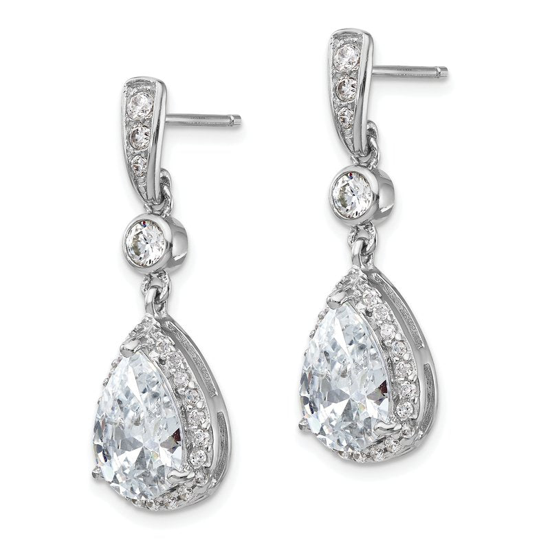 Sterling Silver Rhodium-plated Brilliant-cut CZ Teardrop and Bezel Halo Post Dangle Earrings