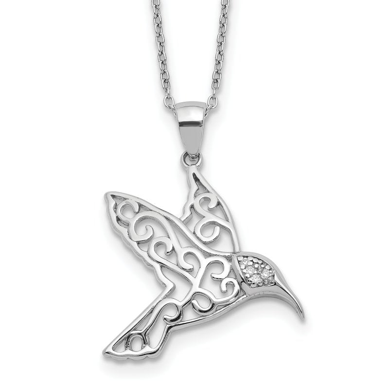 Sterling Silver Rhodium-plated Filigree Brilliant-cut CZ Hummingbird 18 Inch Necklace