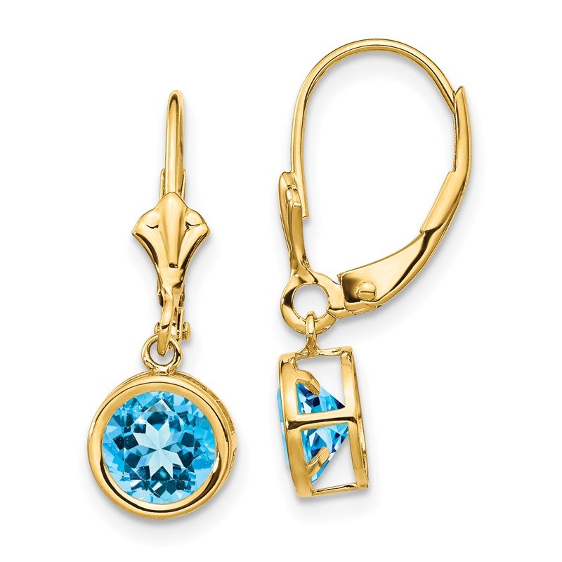 14k 6mm Round Blue Topaz Bezel Leverback Dangle Earrings