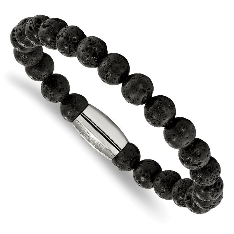 Stainless Steel Polished 8mm Lava Rock Beaded Stretch Bracelet