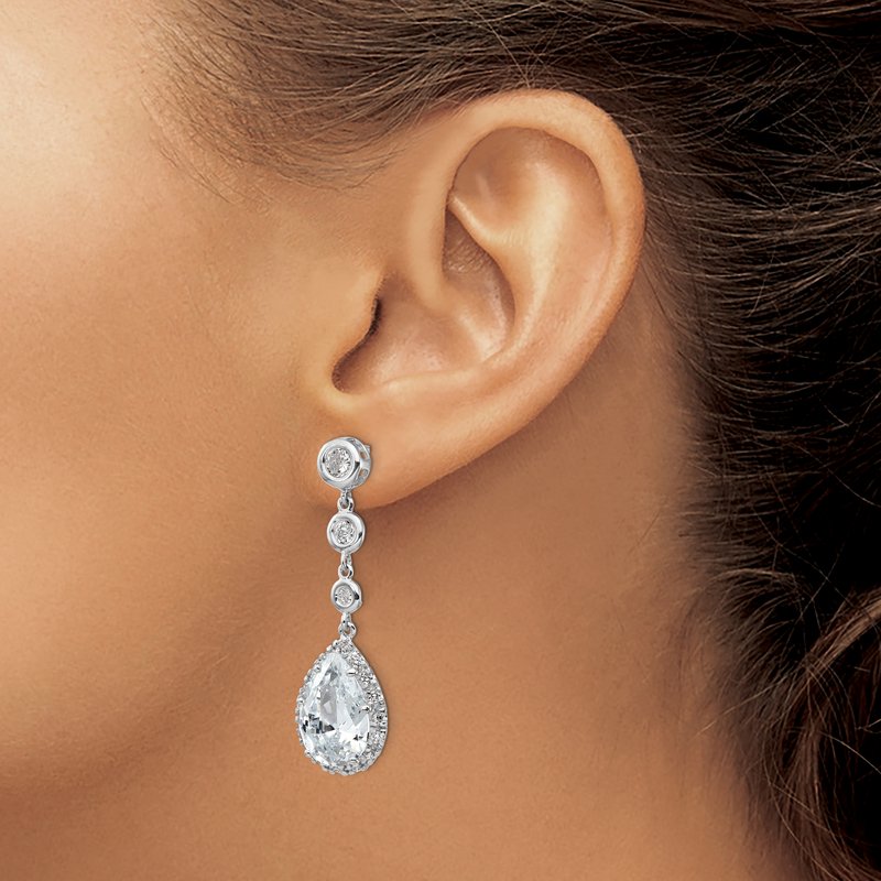 Sterling Silver Rhodium-plated Brilliant-cut CZ Bezel &amp; Teardrop Halo Post Dangle Earrings
