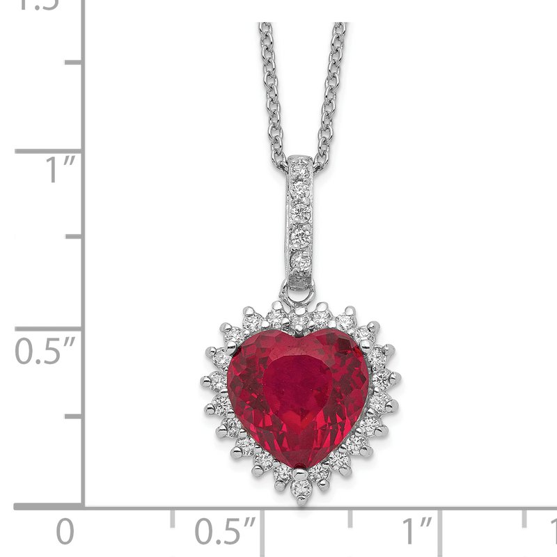 Sterling Silver Rhodium-plated 100 Facet Lab Created Ruby and Brilliant-cut White CZ Heart Halo 18 Inch Necklace